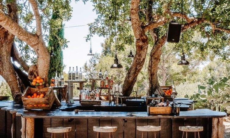 brown wooden table with chairs and trees